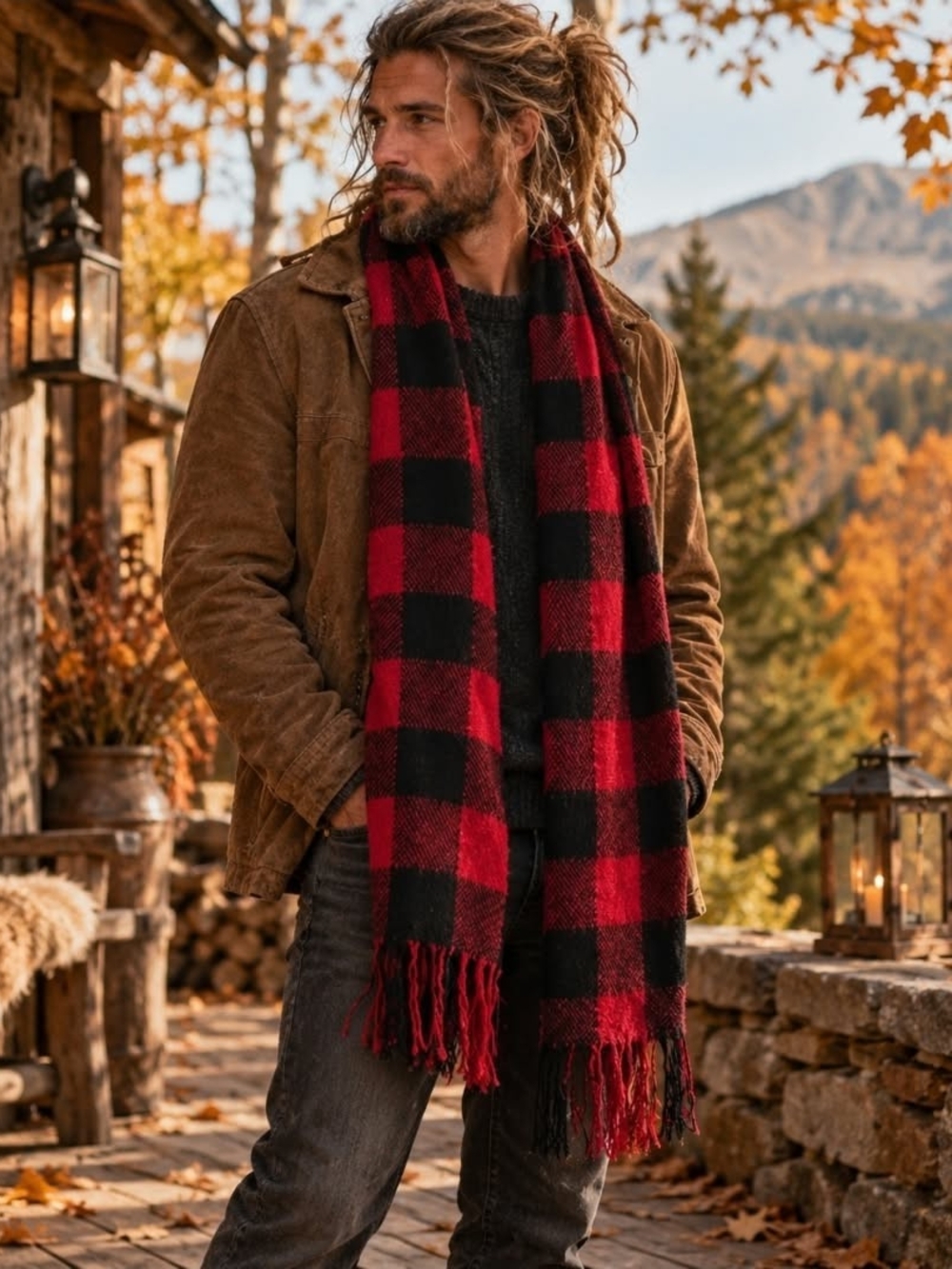 Red Black Buffalo Plaid Fringe Scarf | Cabincore Grunge 90s Boho Fall Autumn